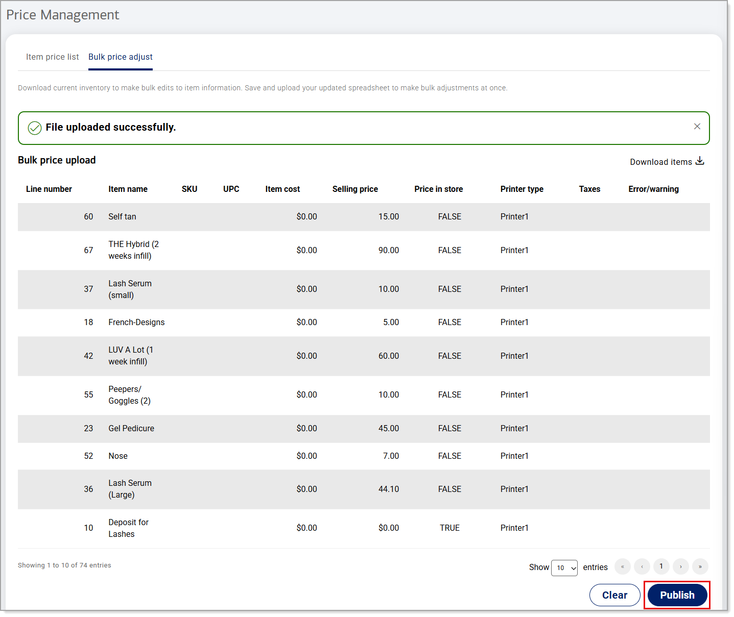 Price Adjust bulk price list window