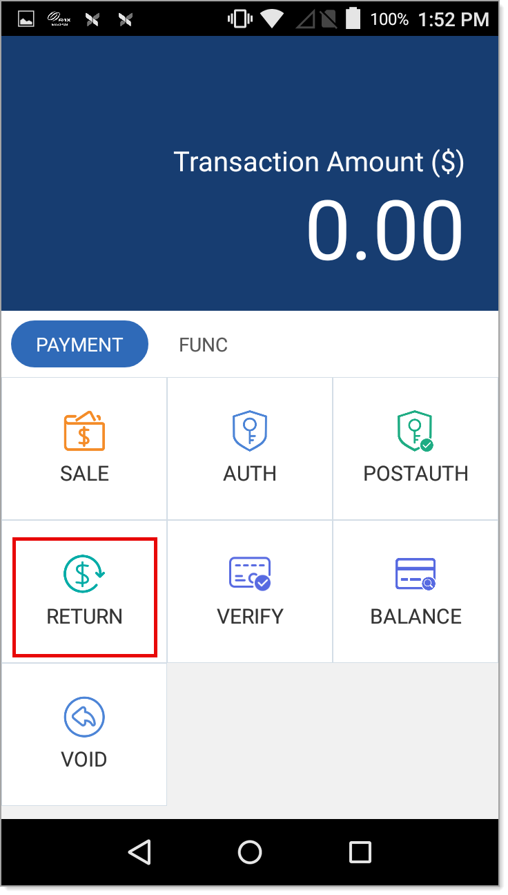 Payment Tab. Return option.