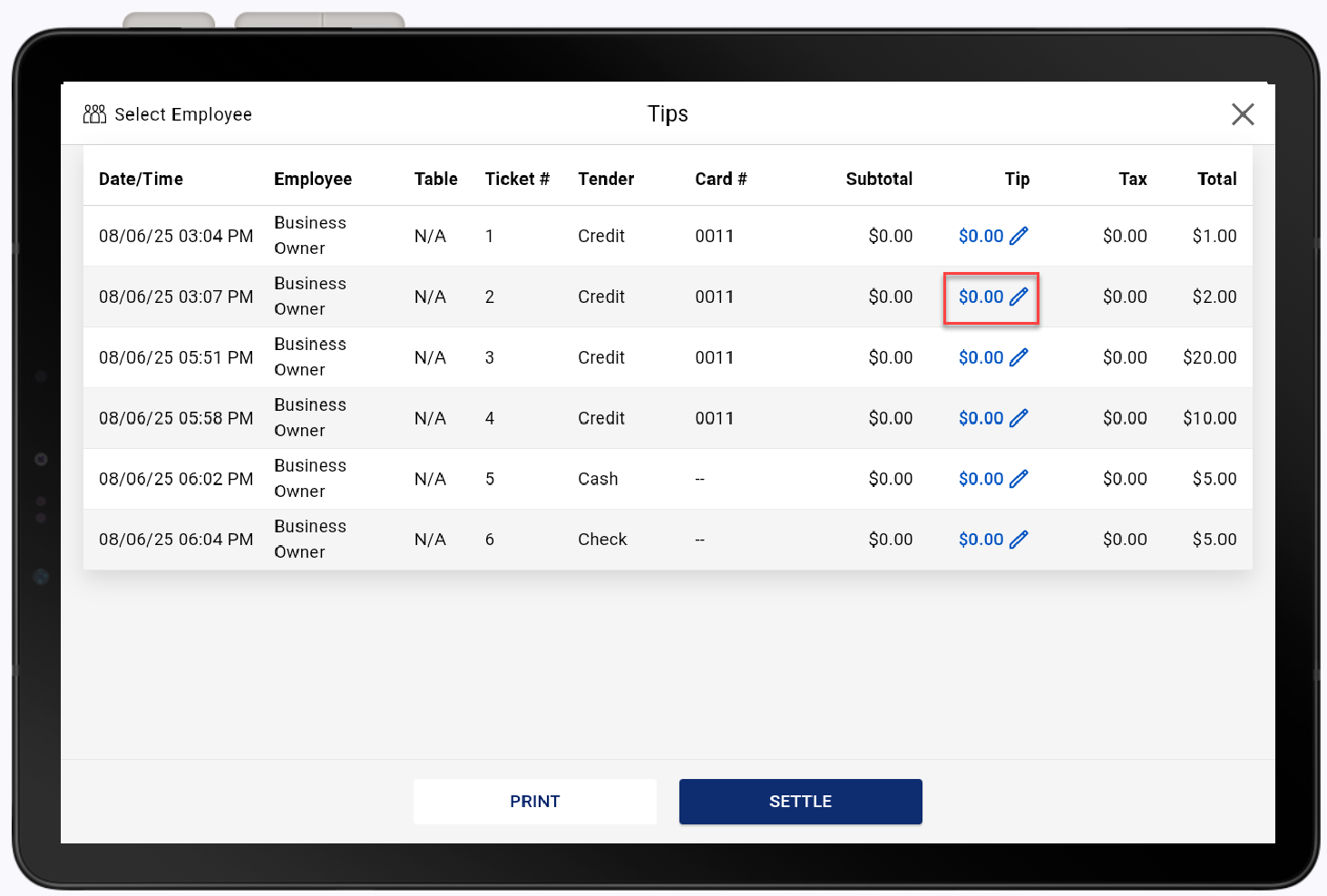Tips screen with tip field highlighted