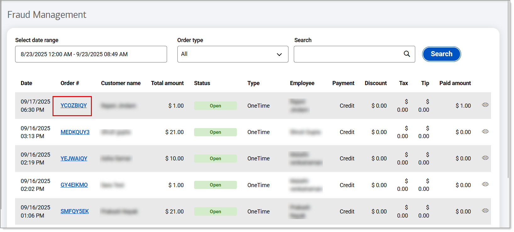Fraud Management screen with specific order number highlighted.