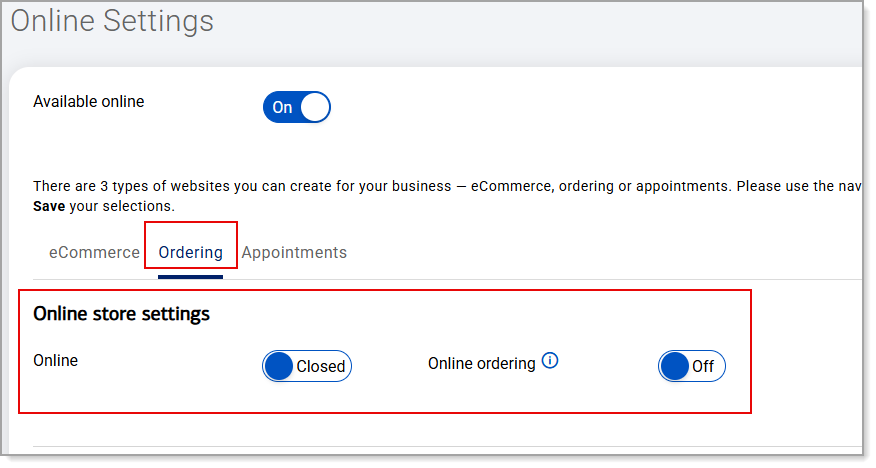 Online Settings - Ordering tab