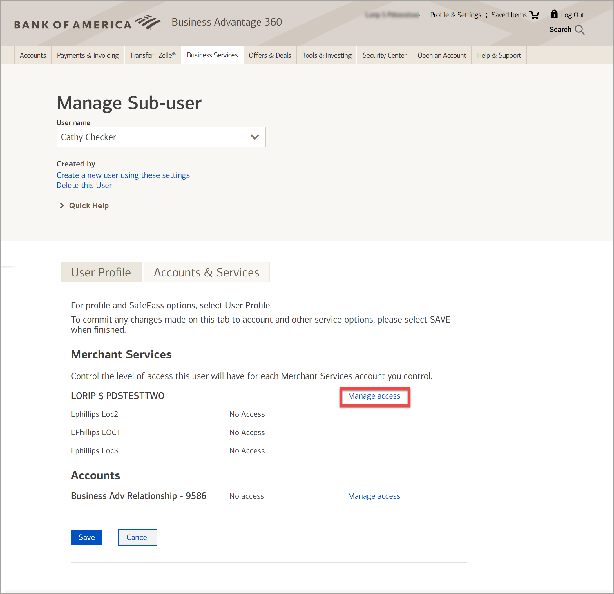 Select manage access link to manage subuser access