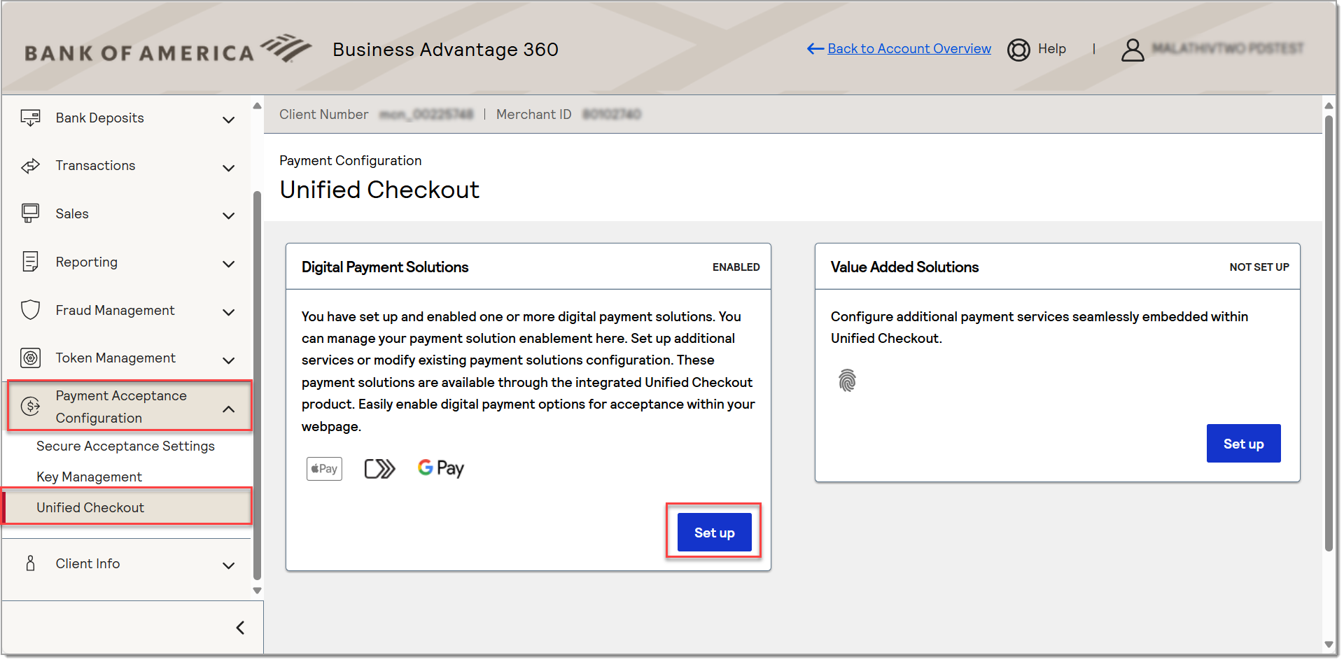unified checkout option with digital payment solutions set up button highlighted