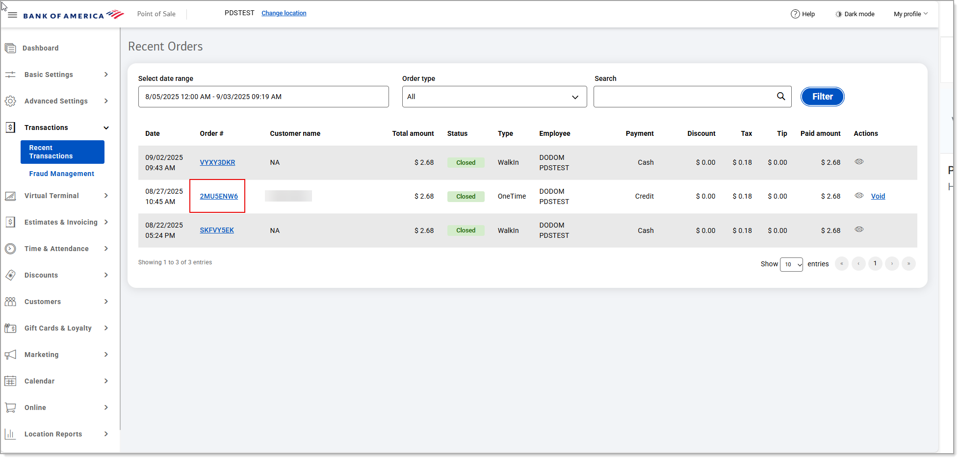Recent orders view. Order # highlighted