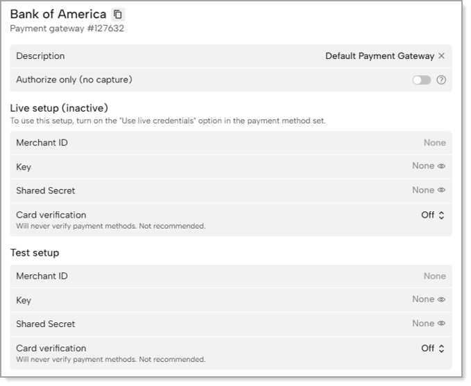 FoxyCart's payment setting configuration screen for the Bank of America payment method