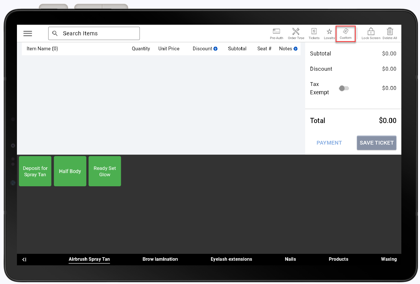 Custom tab highlighted in the orders screen.