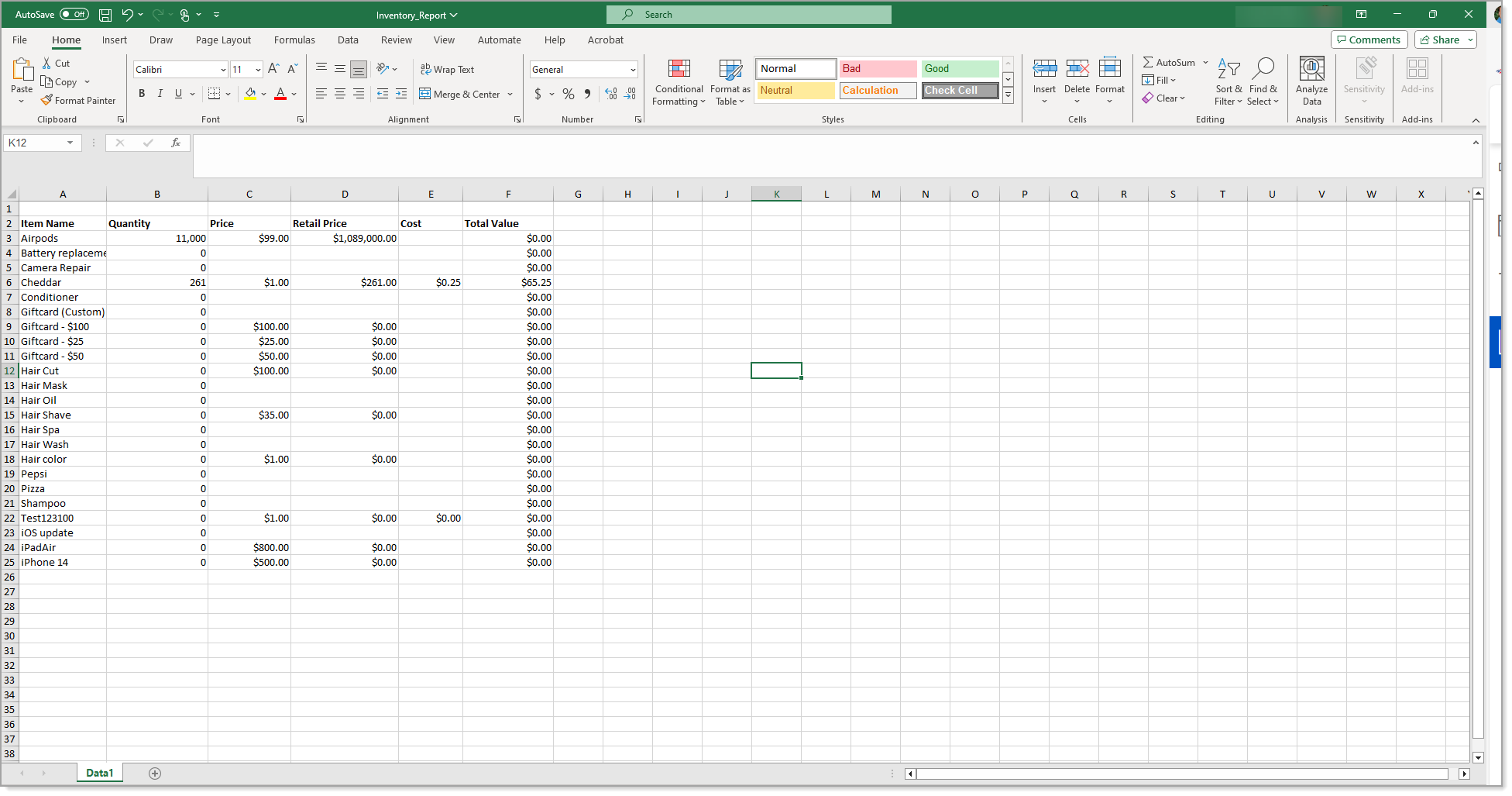 Sample layout of report in Excel.