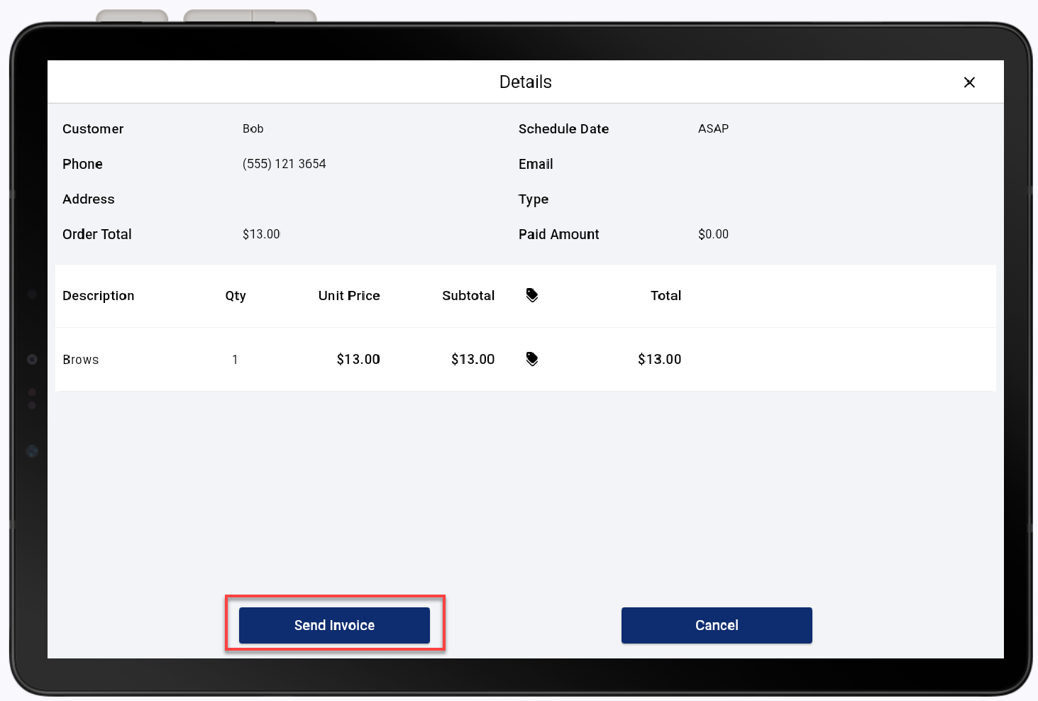 invoice detail with Send Invoice button highlighted