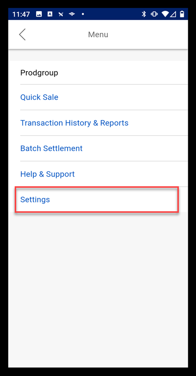 Menu options with Settings highlighted