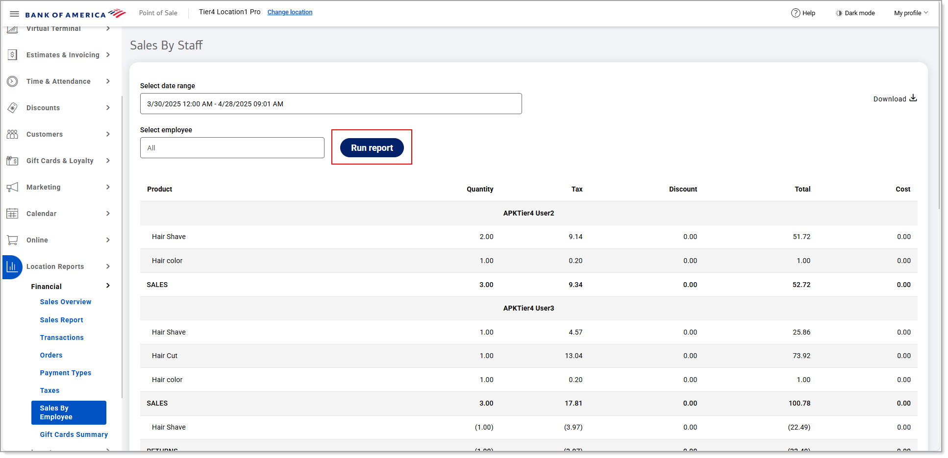 Sales by Employee/Staff report screen Run Report button