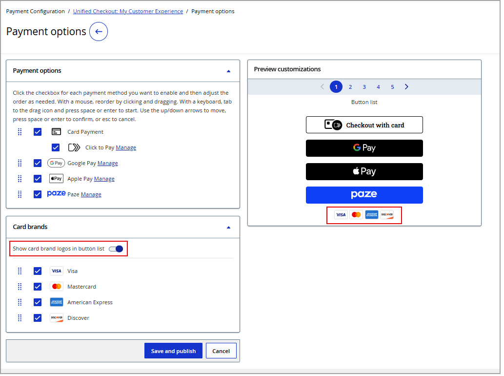 Payment Options: Card brands section to set desired card brand support