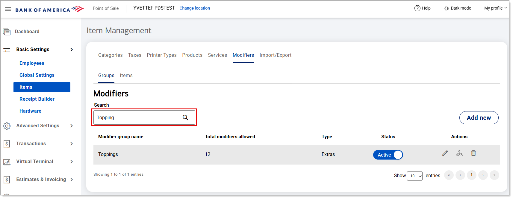 Search field on Modifier Groups screen