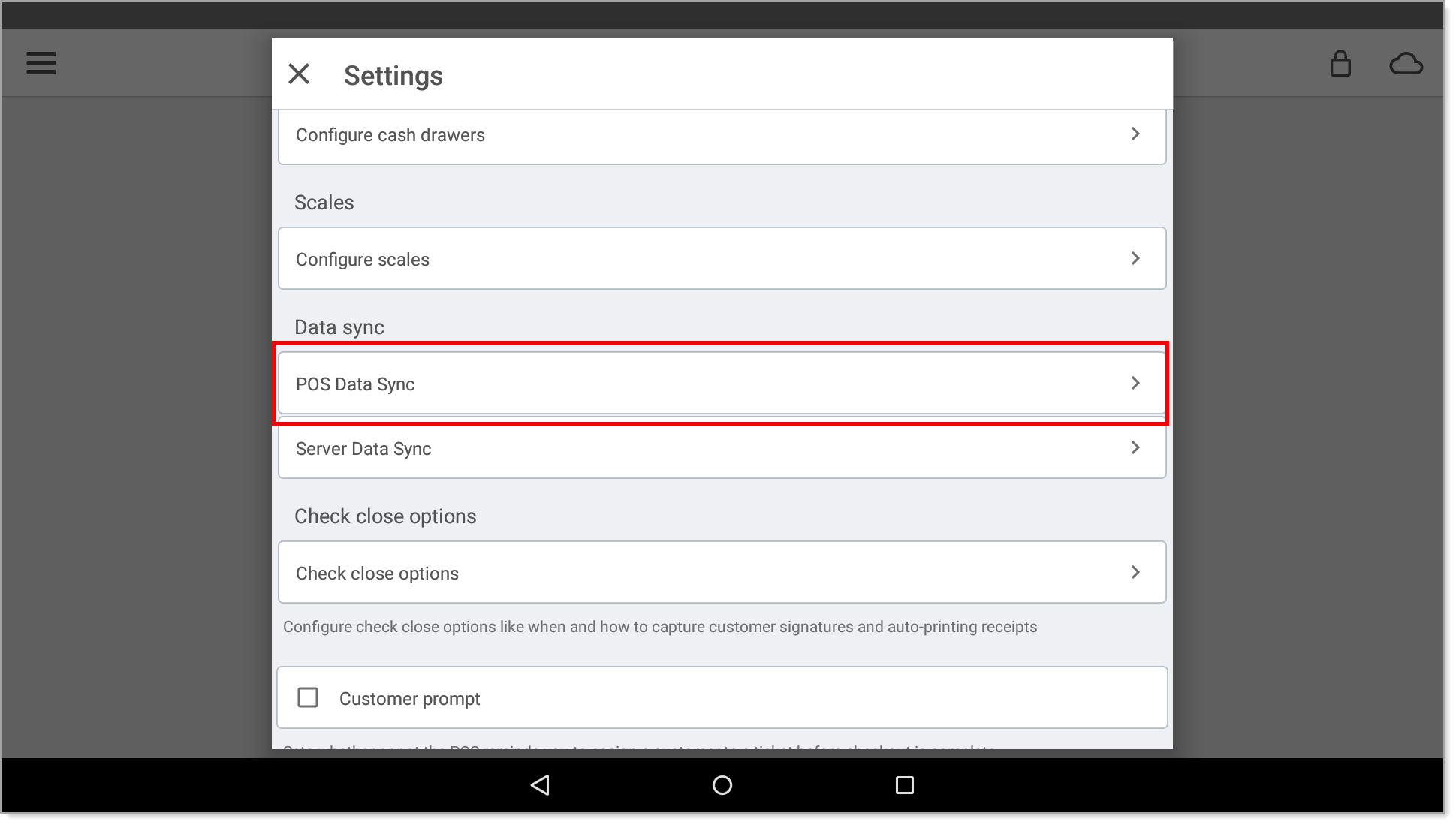 Settings menu select POS data sync