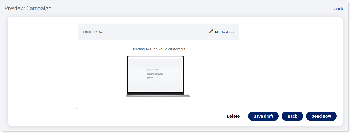 Preview of an email marketing message with options for testing, saving, and sending it