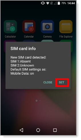 SIM card info pop up with Set highlighted