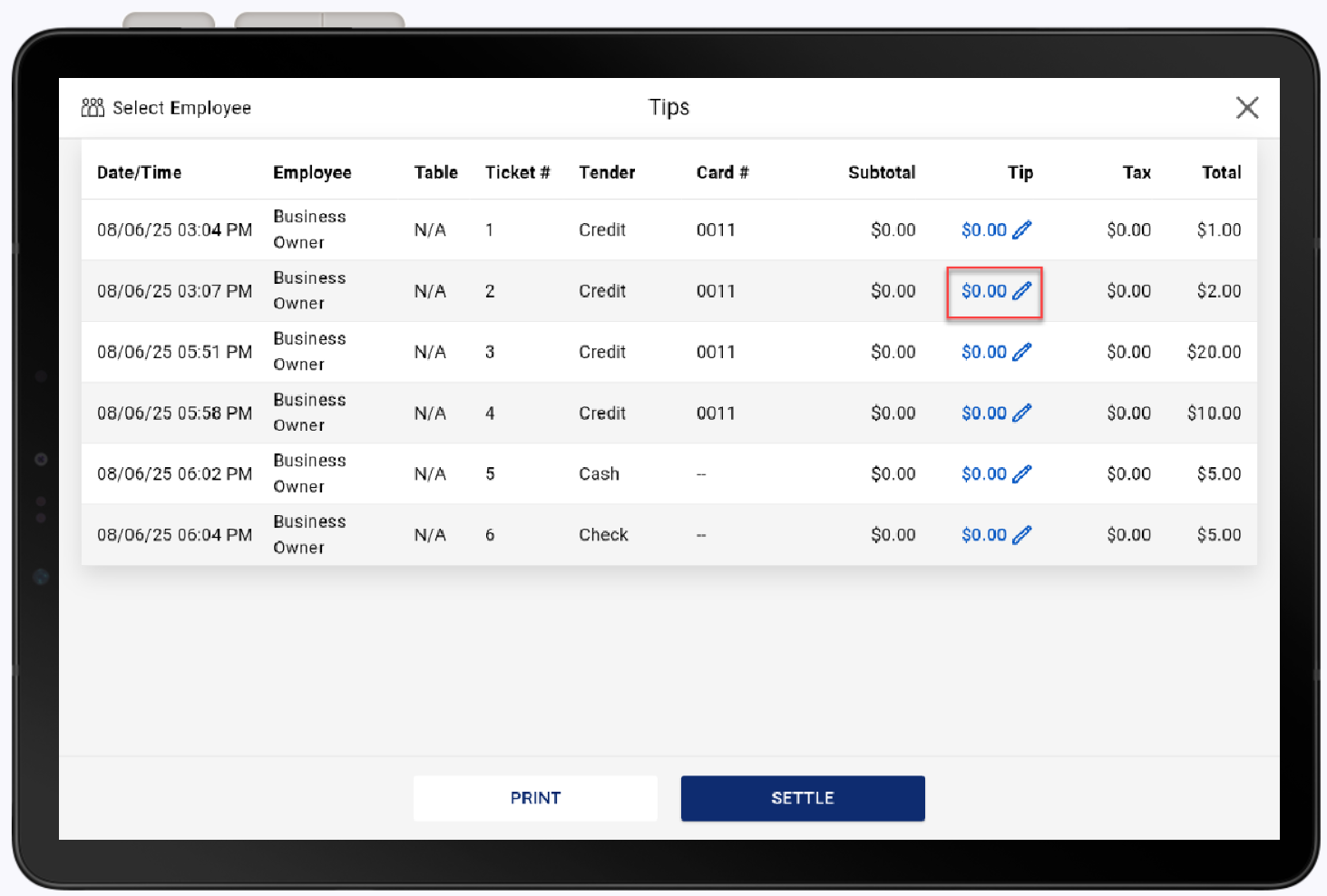Tips screen with tip field highlighted.