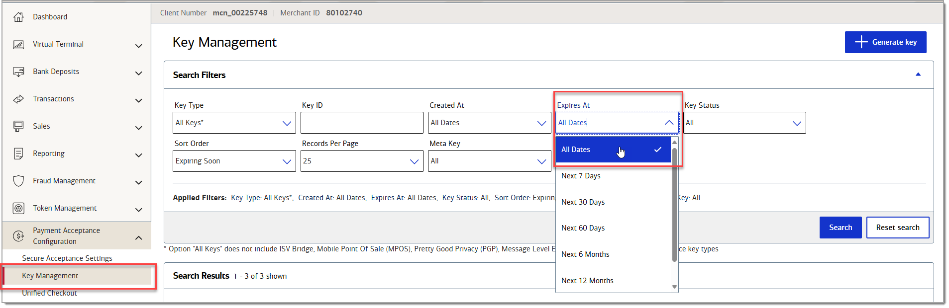Key management with Expires at all dates selected