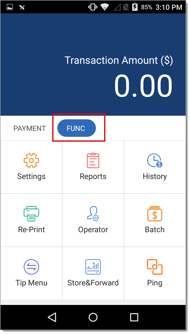 Payments app FUNC tab.