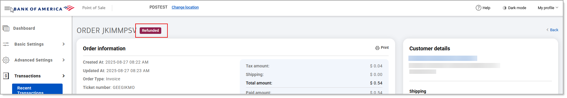 Refunded status next to order number