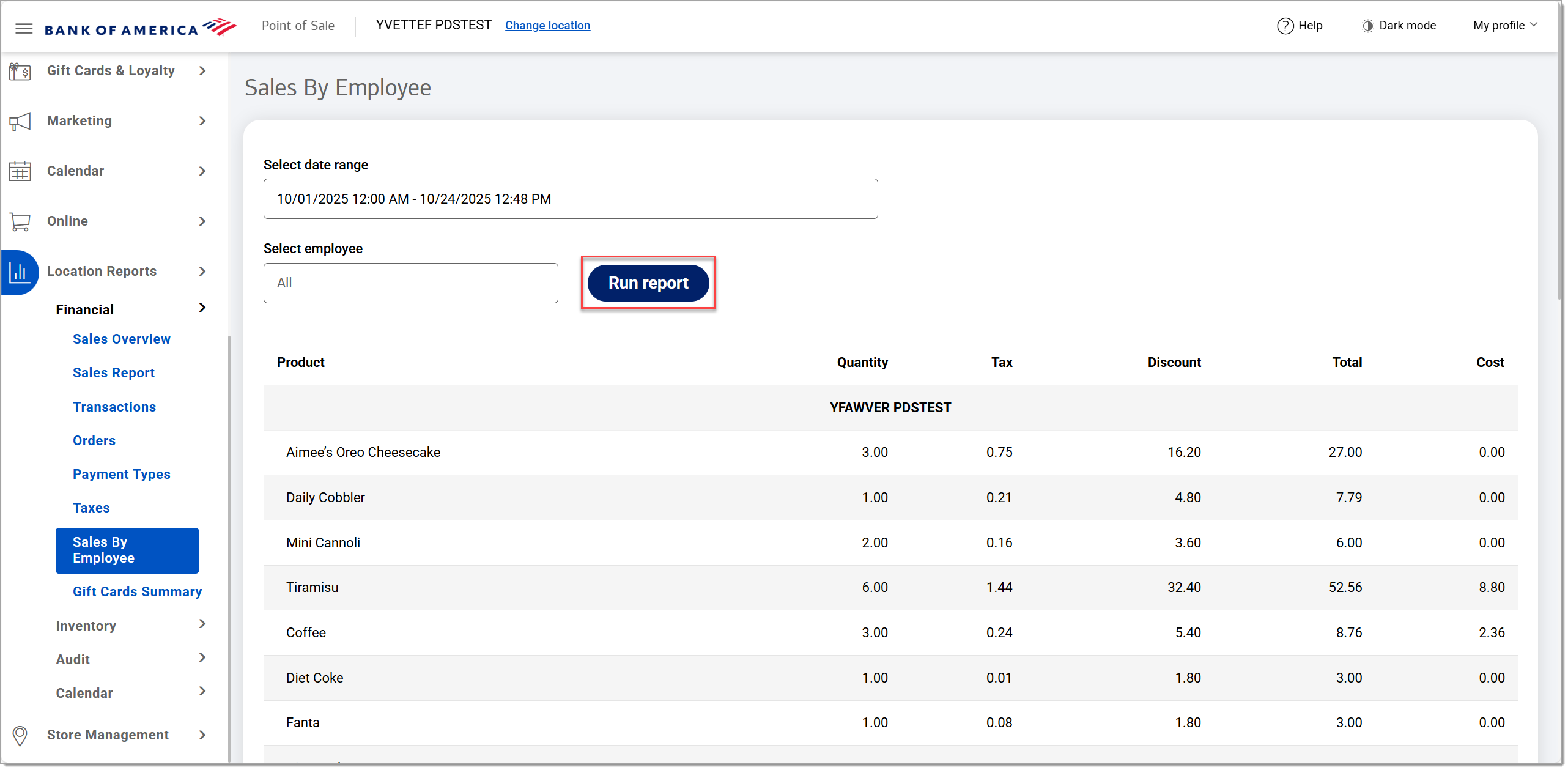 sales by employee report with run report button highlighted
