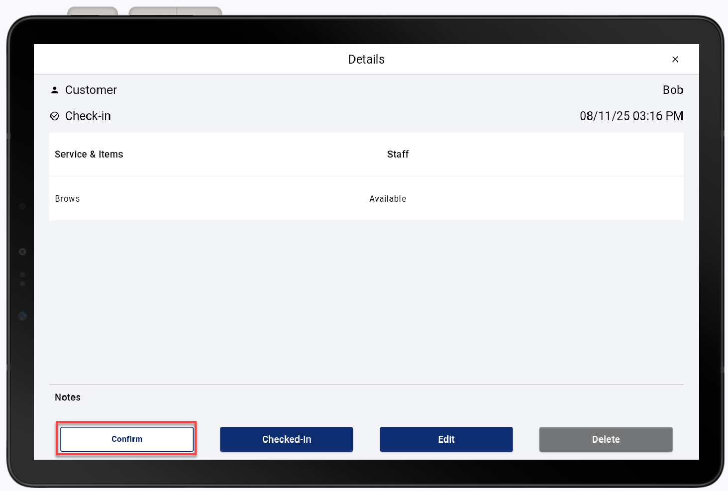 appointment details with confirm highlighted
