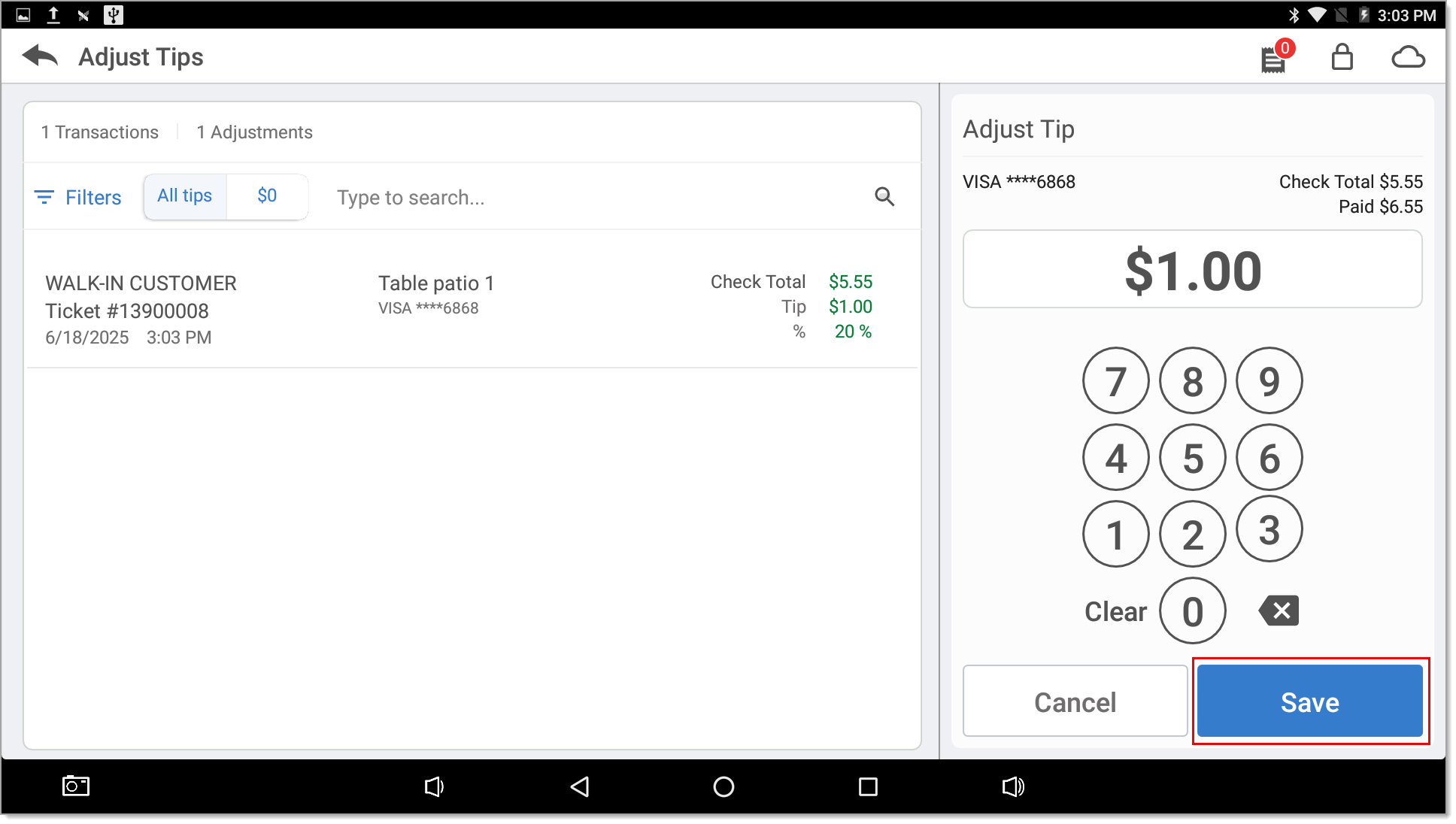 Save button highlighted on number pad