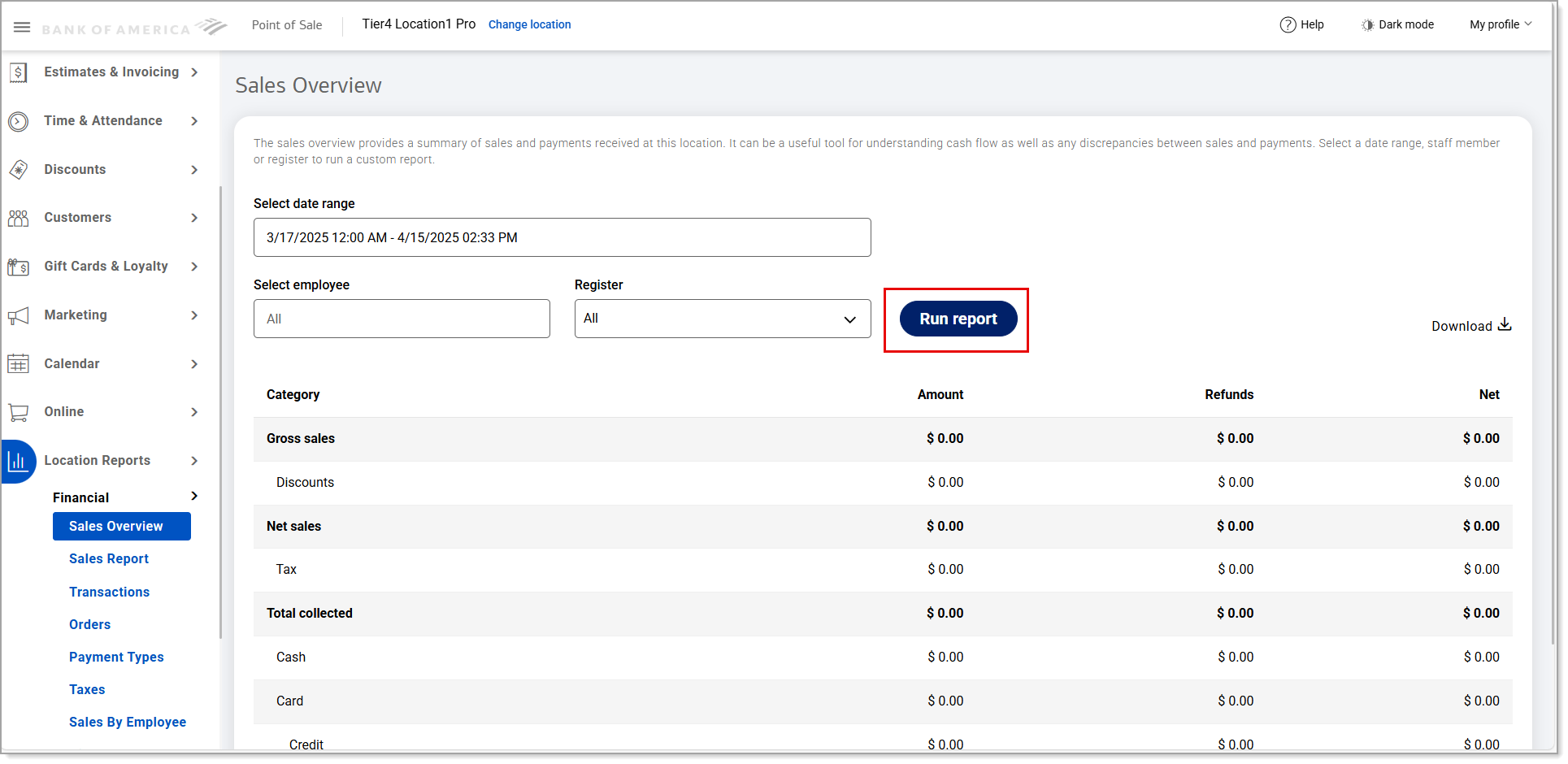 Sales Overview Report Run Report option