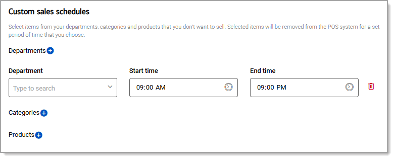 Custom sales schedules section with adjustable features and times for departments, categories, and products.