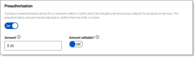 Preauthorization section with a toggle that allows for debit/credit cards to be set amount as a deposit for products/services.