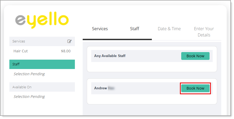 Book Now buttons to book staff members for services