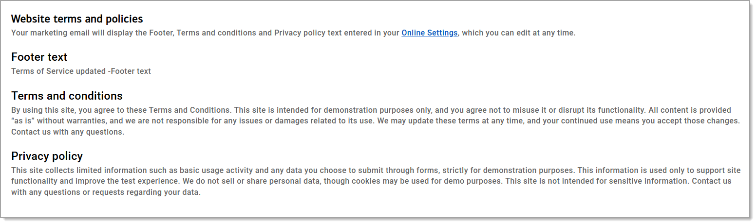 Footer, terms and conditions, and privacy policy.