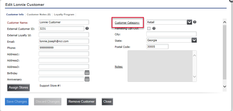 An image showing the customer details screen with Customer Category highlighted.