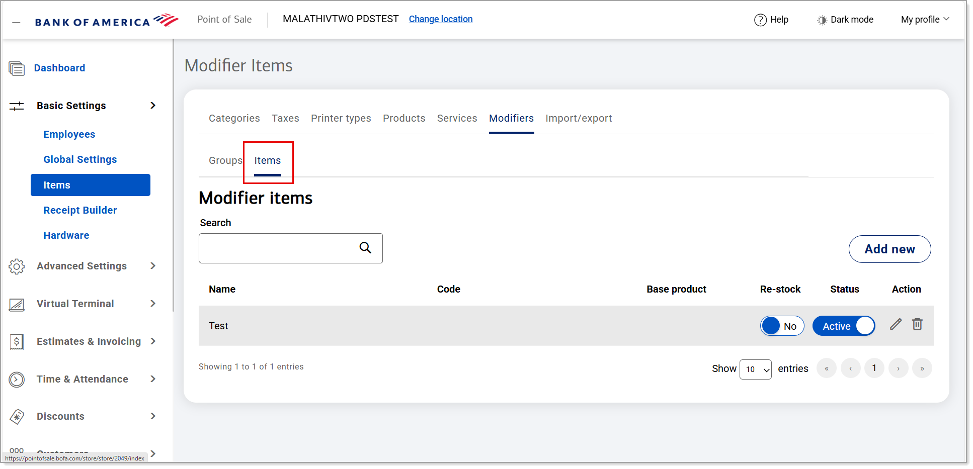 Items sub-tab under modifiers