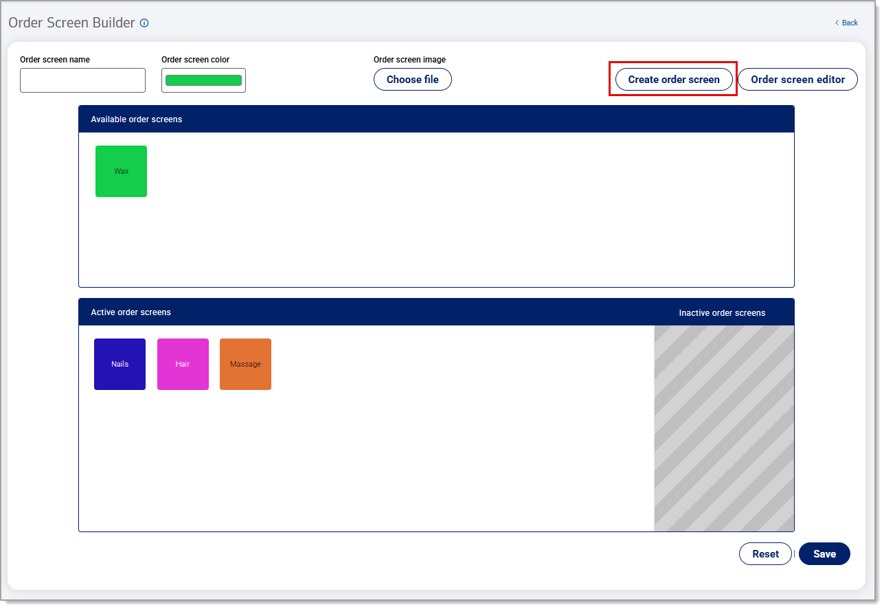 Create order screen button highlighted under the Order Screen Builder.