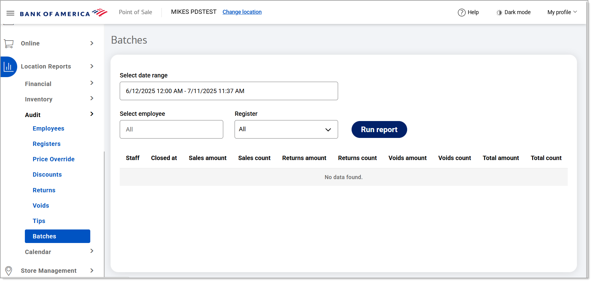Batches report screen
