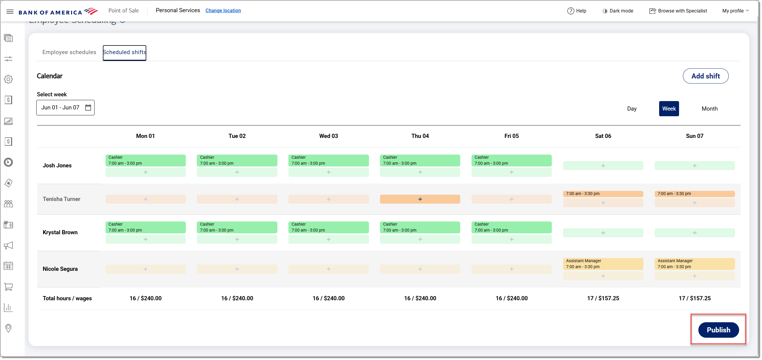 scheduled shifts publish option