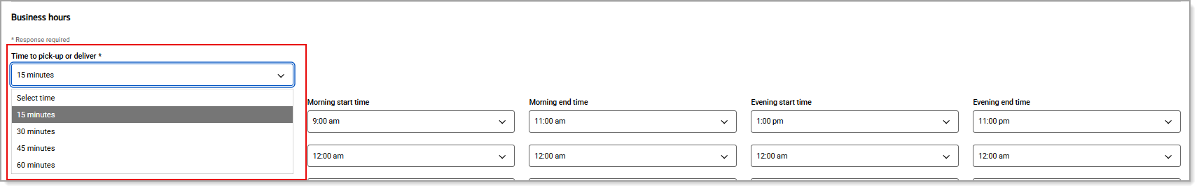 Business hours Time to pick-up or deliver dropdown menu