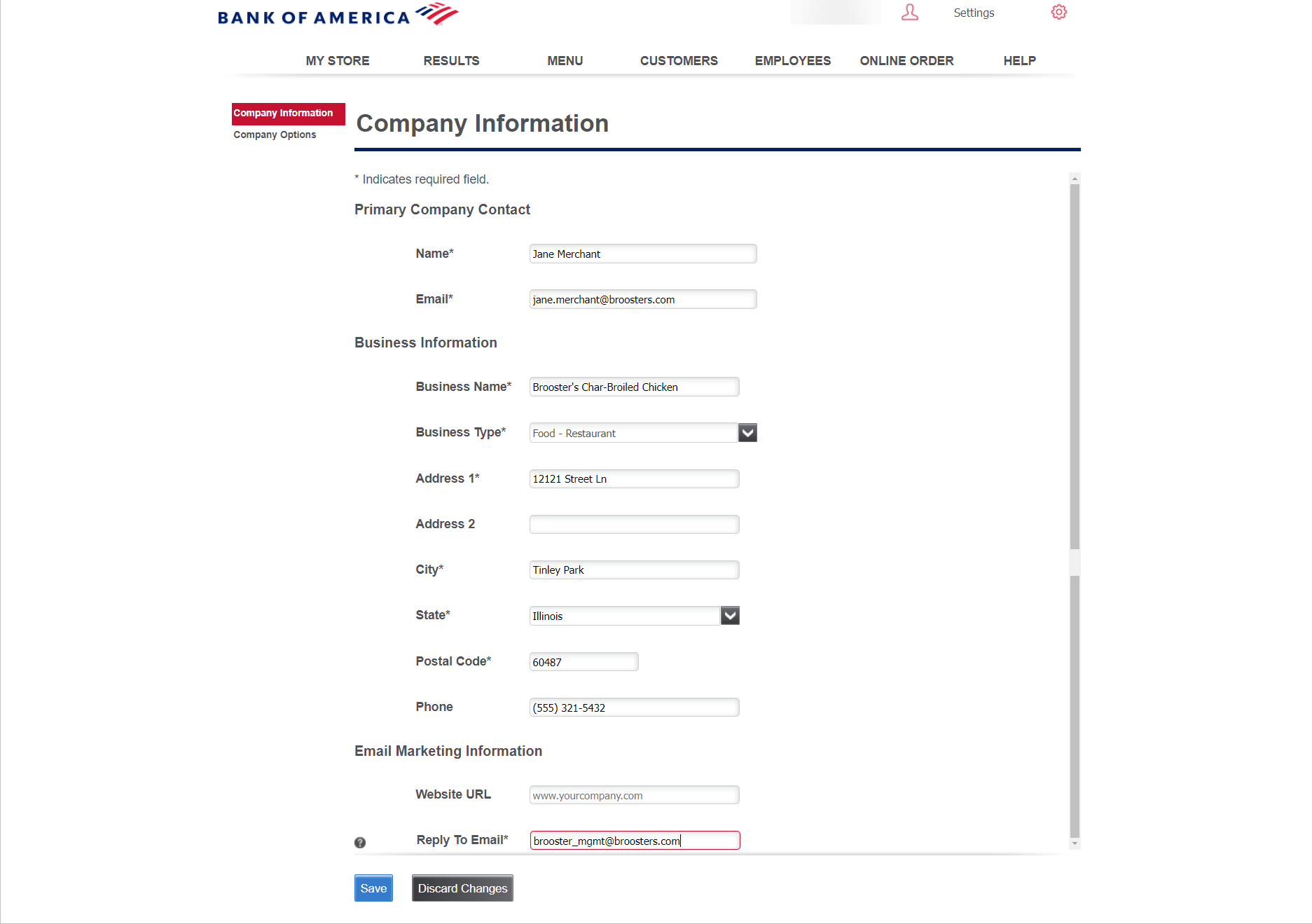 Company Information screen with editable fields