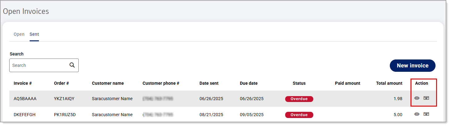 Action buttons for Sent invoices