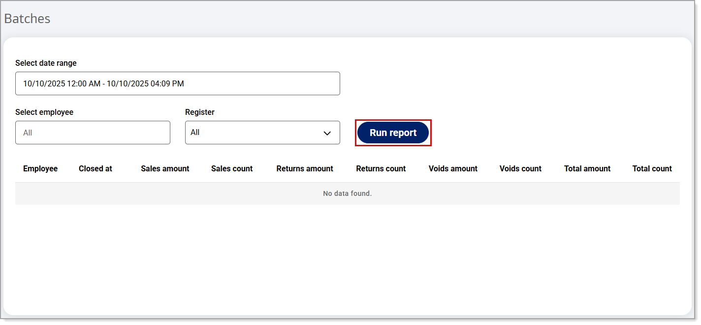 Batches report display with Run report button highlighted
