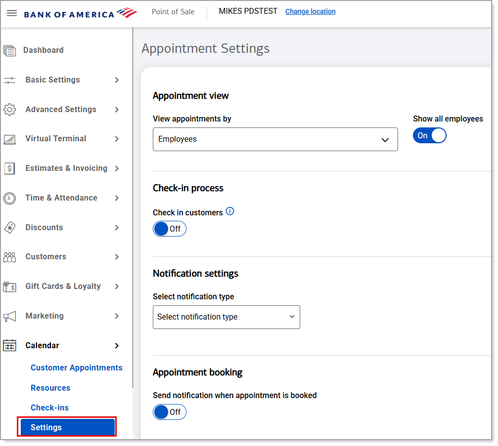 Appointment settings by Employees view