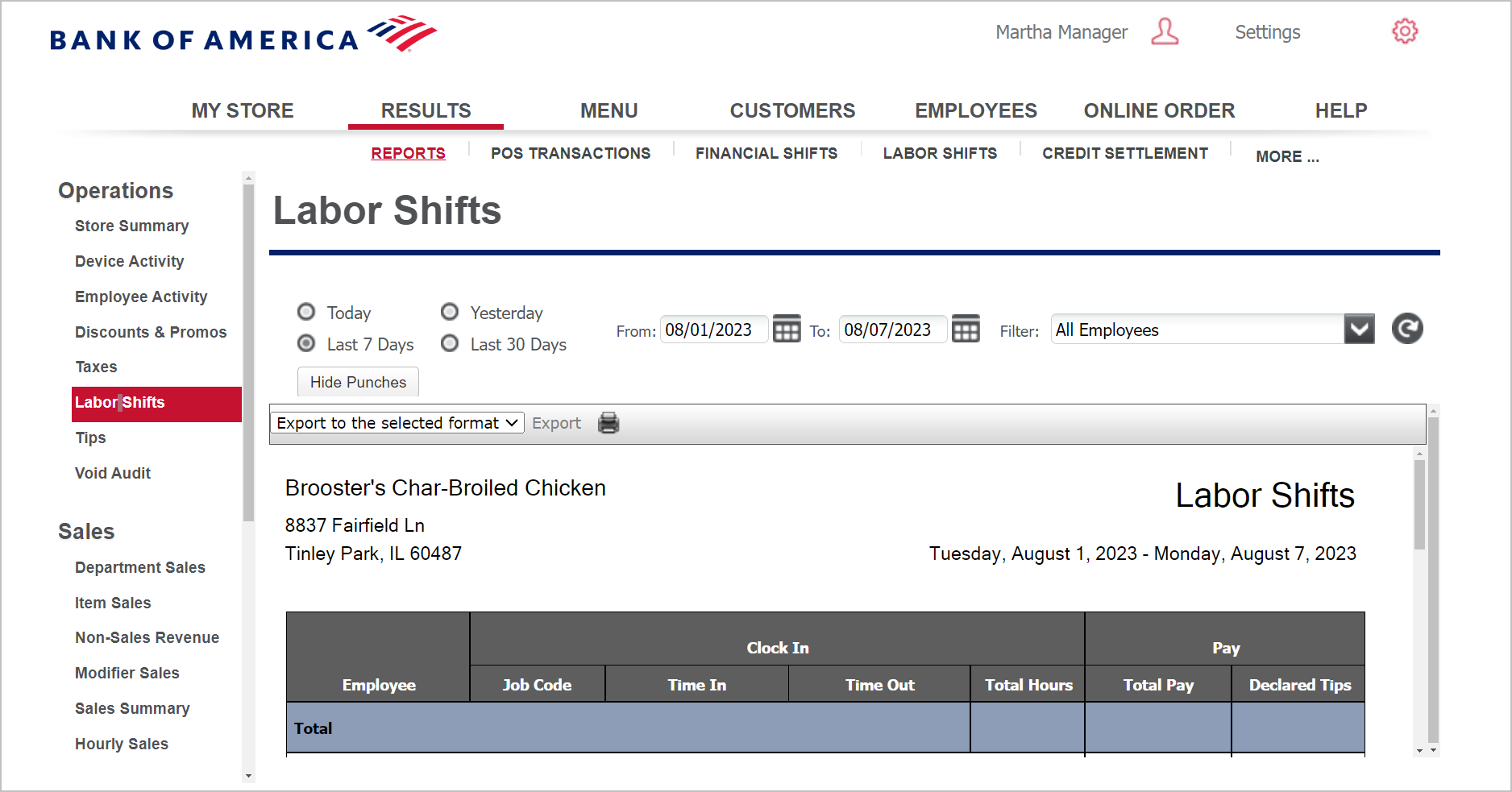 Labor shifts screen showing the generated report example