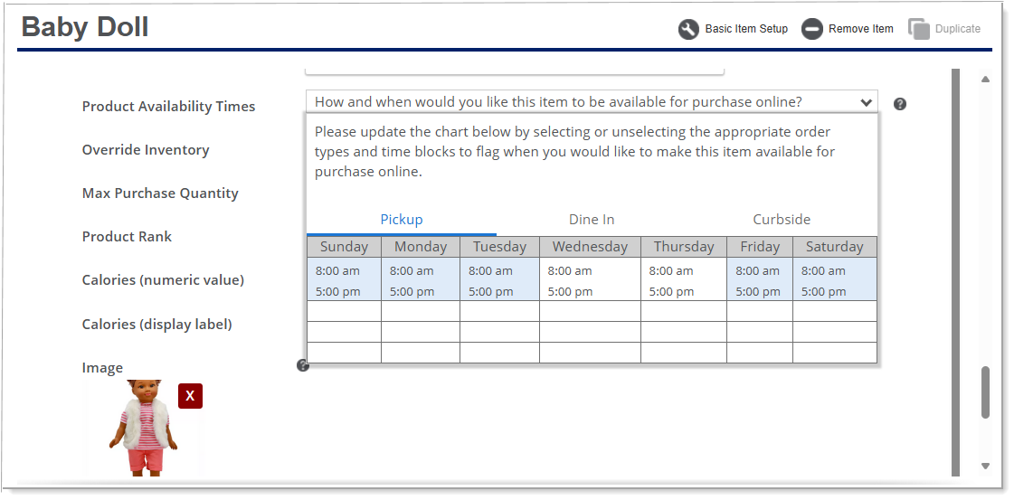 Available time slots in blue. Unavailable time slots are white.