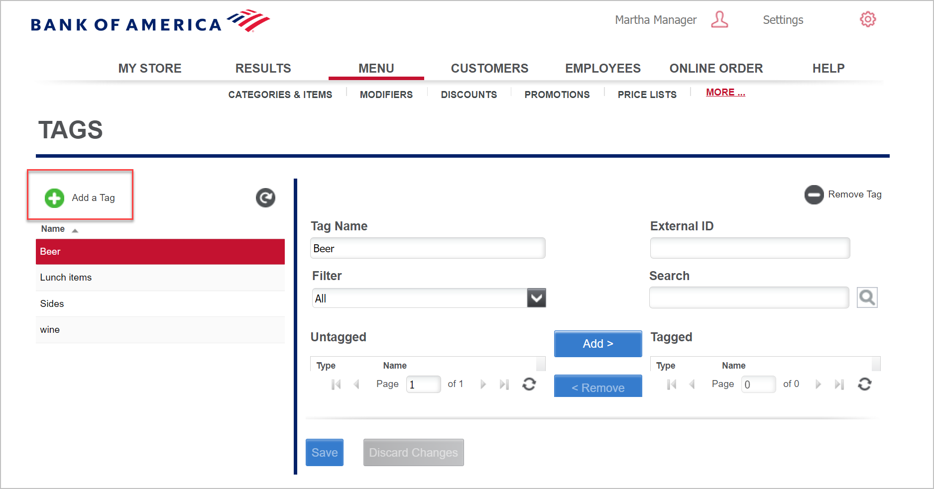 Back Office Tags with Add a Tag highlighted