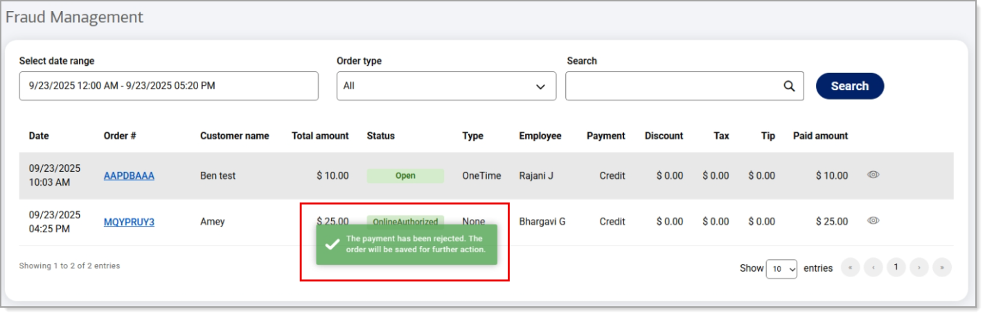 Sample "payment rejected" message.