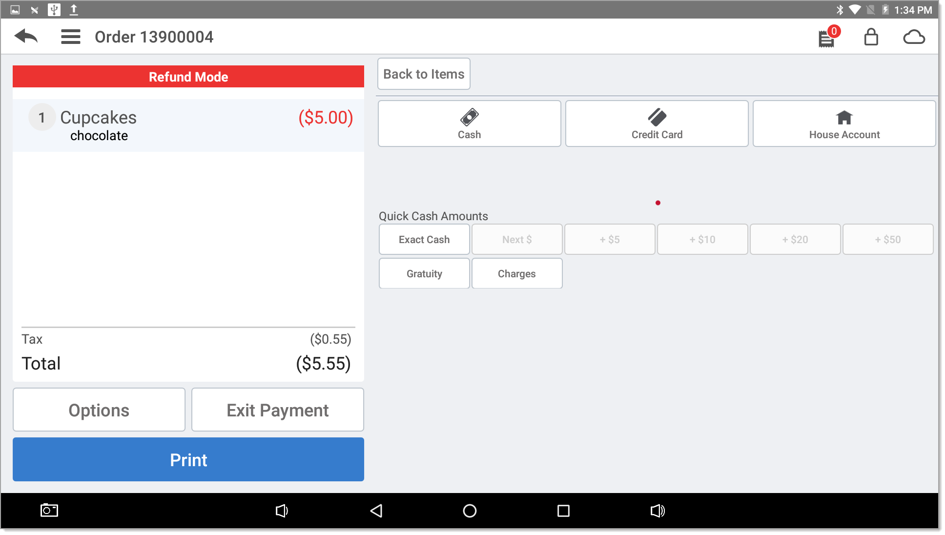 Payment options including cash, credit card, or house account
