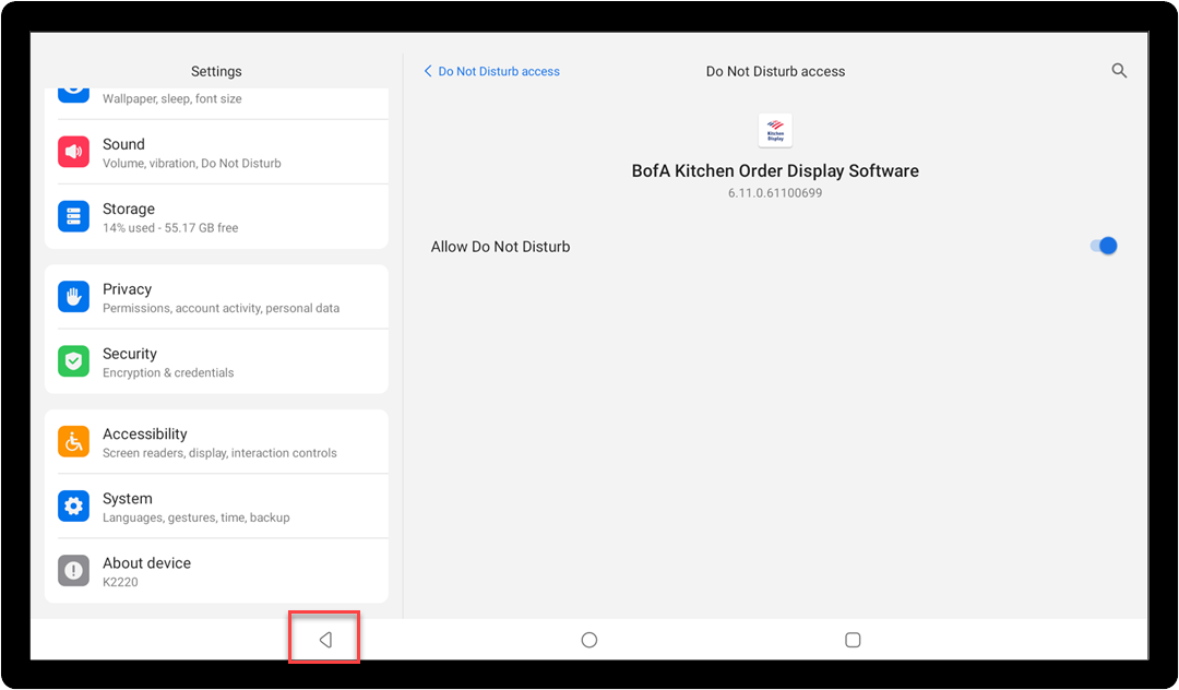 back button to return to main screen