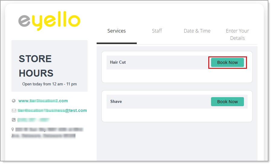 Book Now buttons for services on an Appointment site