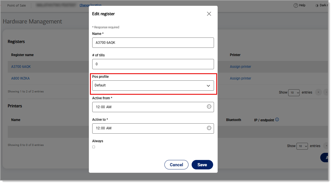 Pos profile field highlighted within Edit register pop up.