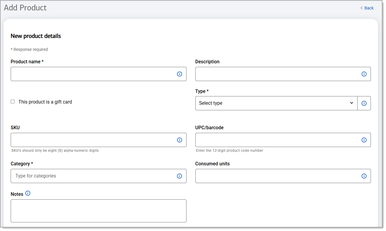 New product details form.